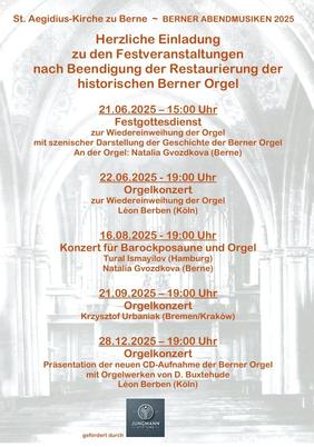 Auf diesem Bild sind die Veranstaltungen nach Beendigung der Restaurierung der Orgel zu sehen, die Termine stehen in Textform unter dem Bild und sind unter Terminübersichten abrufbar.