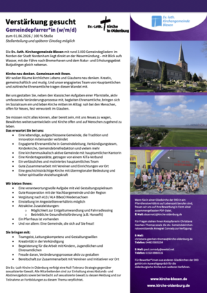 Zu sehen ist die Ausschreibung der Pfarrstelle für die Gemeinde Blexen, diese steht auch als Download zur Verfügung.