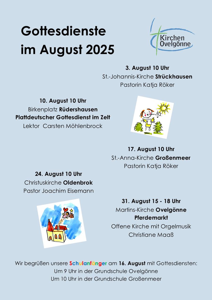 Zu sehen sind die Gottesdienste im August, Sie können diese auch unter dem Reiter "Gottesdienste" einsehen.