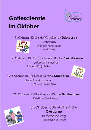Zu sehen sind die Gottesdienste im Oktober.