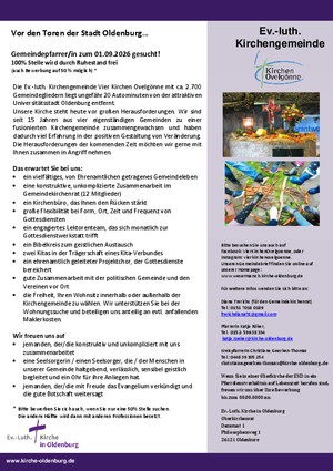 Zu sehen ist die Ausschreibung für die Pfarrstelle der Kirchengemeinde Vier Kirchen Ovelgönne.