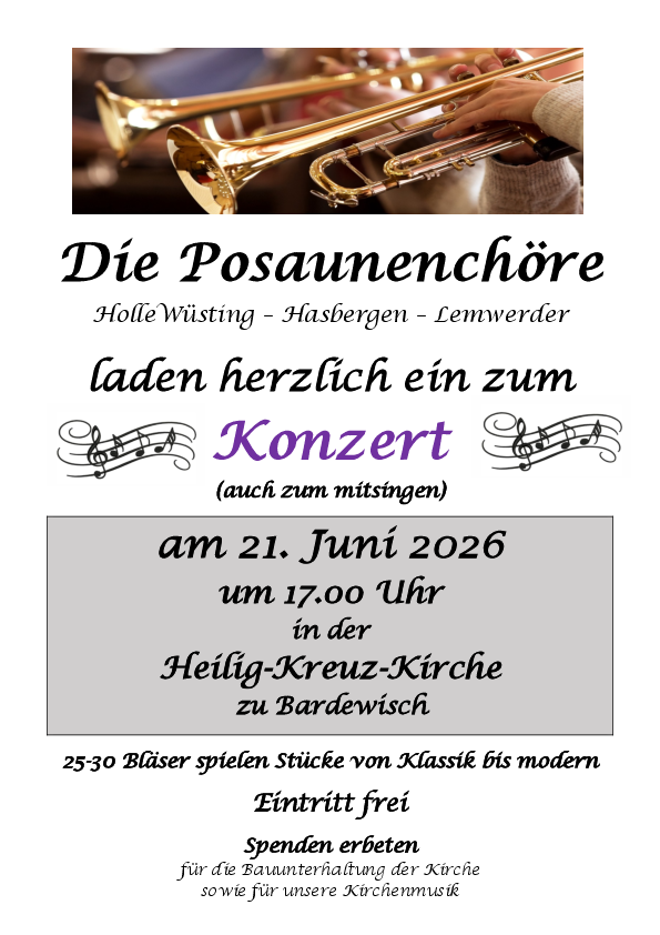 Zu sehen ist das Plakat für das Bläserkonzert am 21.06.26, um 17 Uhr in der Bardewischer Kirche.