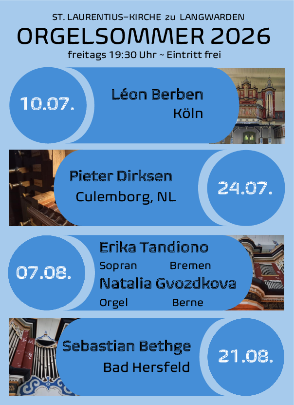 Zu sehen sind die Konzerte des Orgelsommer 2026, Sie finden die Termine auch unter dem Reiter "Veranstaltungen und Termine" sowie unter der Seite "Musik" im Reiter "Konzerte".