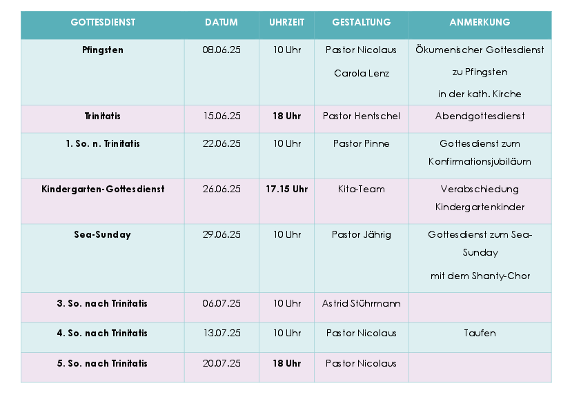 Zu sehen sind die Gottesdienste Juni und Juli, diese sind auch dem Reiter "Termine und Veranstaltungen zu entnehmen.