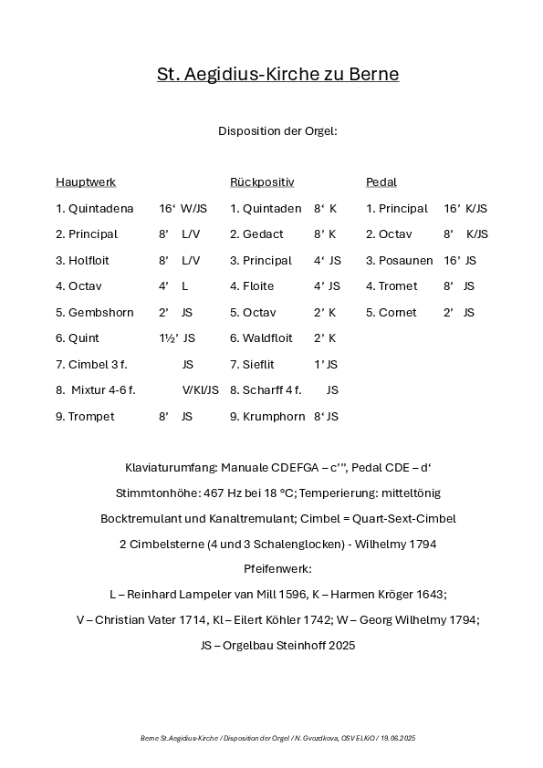 Zu sehen ist die Disposition der Berner Orgel.