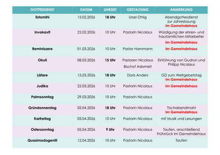 Zu sehen sind die Gottesdienste vom 15.02.26 bis zum 12.04.26; Sie finden diese Gottesdienste auch unter dem Reiter "Veranstaltungen und Termine".