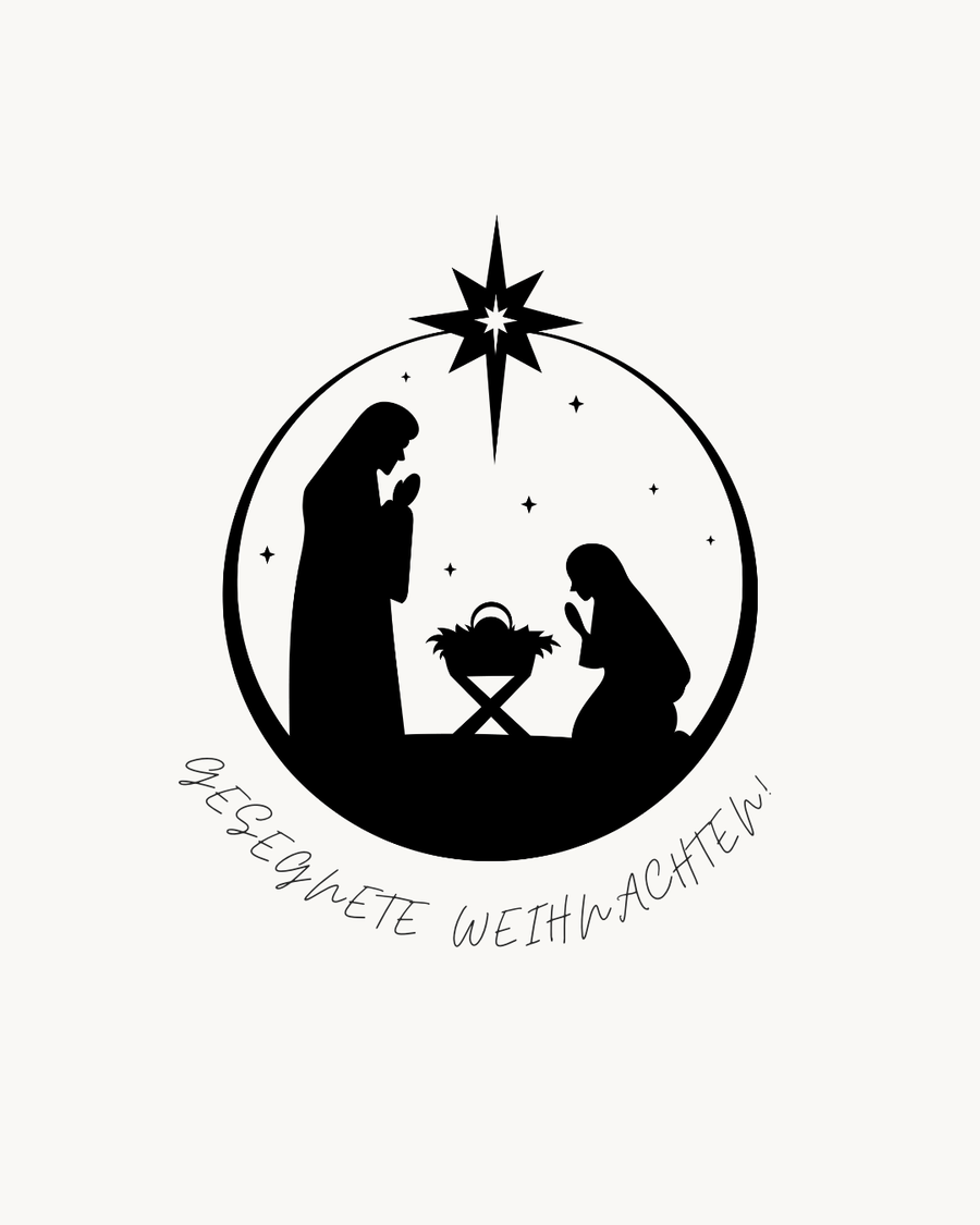Auf der Grafik ist die Krippensituation mit Jesus, Maria und Josef dargestellt. Dazu steht dort "gesegnete Weihnachten".