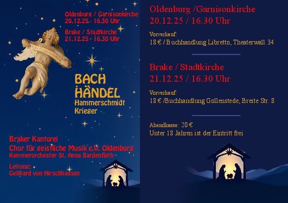 Zu sehen ist die Konzert Ankündigung zu den Konzerten am 20.12. in Oldenburg und am 21.12. in Brake, diese Termine sind auch dem Reiter Termine auf der Braker Seite sowie unter Konzerte unter Musik zu finden.