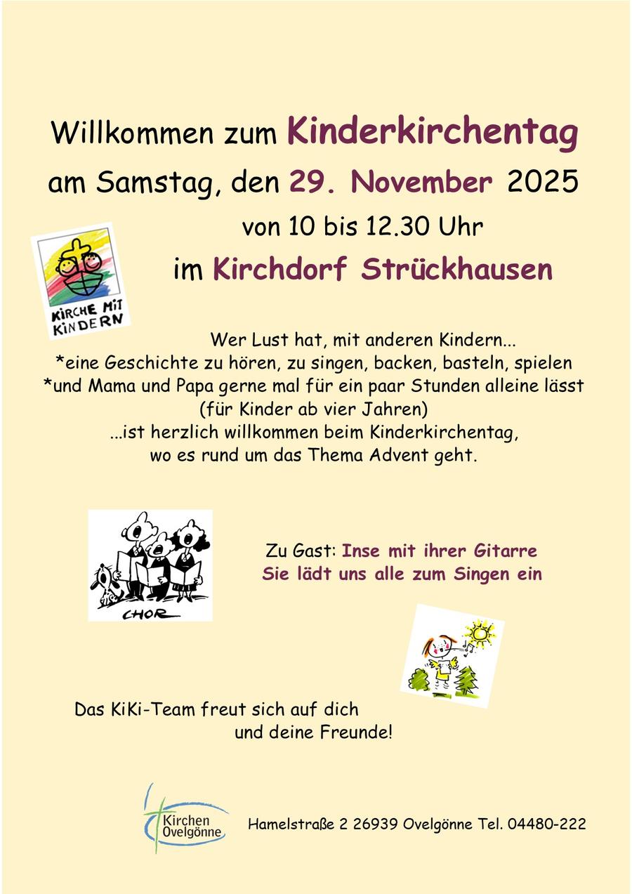 Zu sehen ist die Einladung zum Kinderkirchentag, am 29. November von 10 bis 12:30 Uhr. Sie können diesen Termin auch dem Reiter "Termine" entnehmen.