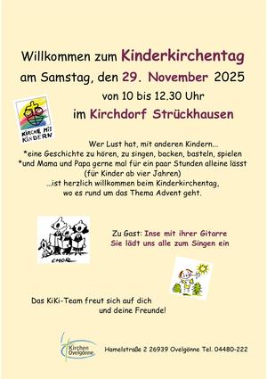 Zu sehen ist die Einladung zum Kinderkirchentag, am 29. November von 10 bis 12:30 Uhr. Sie können diesen Termin auch dem Reiter "Termine" entnehmen.