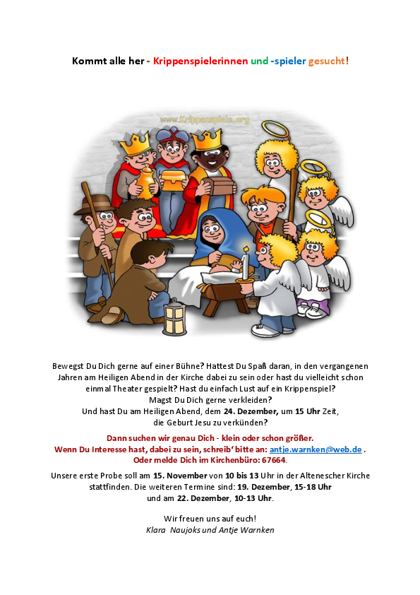 Zu sehen ist die Einladung zum Mitspielen beim Krippenspiel, bei Interesse gern ein Kirchenbüro oder unter Antje.warnken@web.de melden.