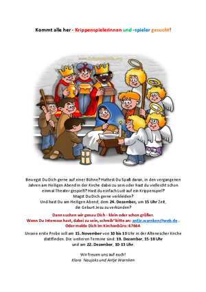 Zu sehen ist die Einladung zum Mitspielen beim Krippenspiel.