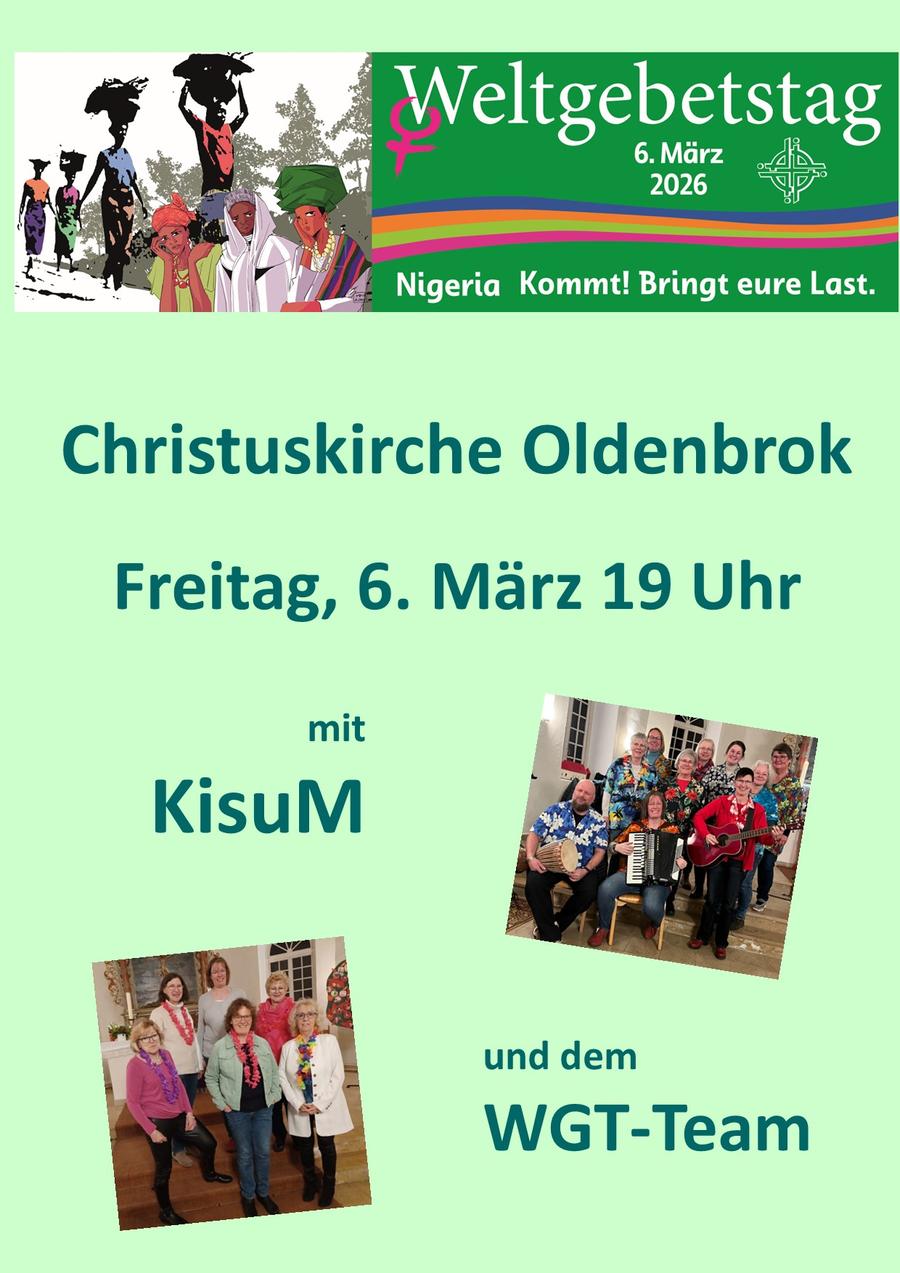 Die Einladung zum diesjährigen Weltgebetstag. Er findet statt, am 06.03. um 19 Uhr in der Christuskirche Oldenbrok