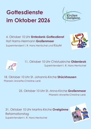 Gotesdienstübersicht für Oktober, Sie finden alle Gottesdienste acuh unter dem Reiter "Gottesdienste" sowie dem Reiter "Termine und Veranstaltungen".