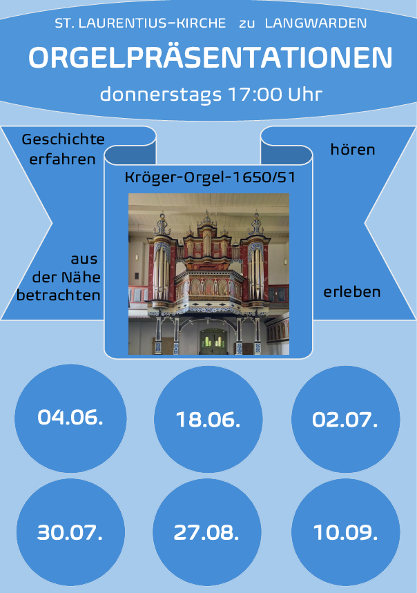 Zu sehen sind die Termine für die Orgelpräsentationen Langwarden 2026