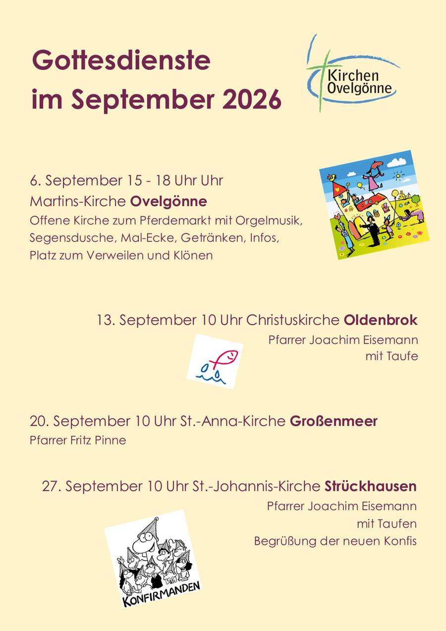 Die Gottesdienste im September, auch zu finden unter dem Reiter "Gottesdienste" sowie unter dem Reiter "Termine und Veranstaltungen".