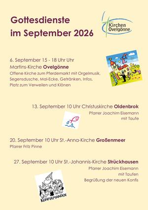 Die Gottesdienste im September, auch zu finden unter dem Reiter "Gottesdienste" sowie unter dem Reiter "Termine und Veranstaltungen".