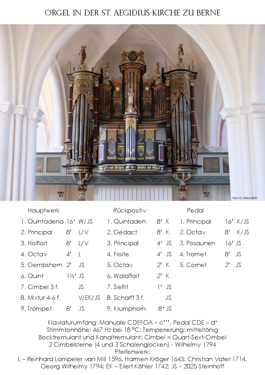 Zu sehen ist die Berner Orgel und ihre aufgelistete Orgeldisposition.