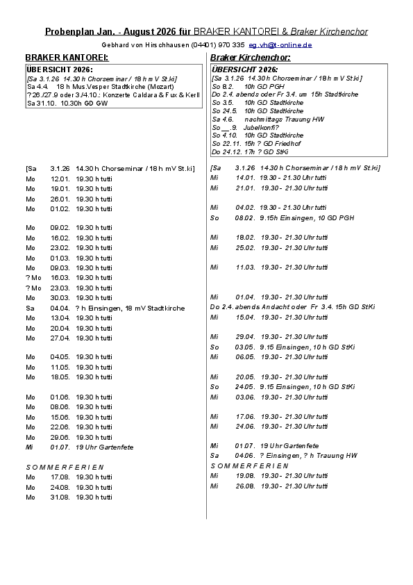 Zu sehen ist der Probenplan 2026.