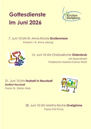 Hier sind die Gottesdienste für Juni zu sehen, Sie finden diese auch in dem Reiter "Gottesdienste" sowie unter dem Reiter "Veranstaltungen und Termine".