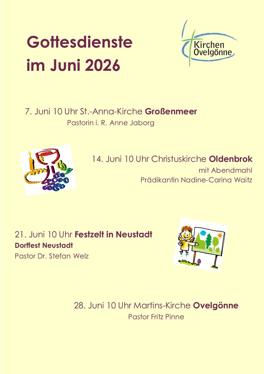 Hier sind die Gottesdienste für Juni zu sehen, Sie finden diese auch in dem Reiter "Gottesdienste" sowie unter dem Reiter "Veranstaltungen und Termine".