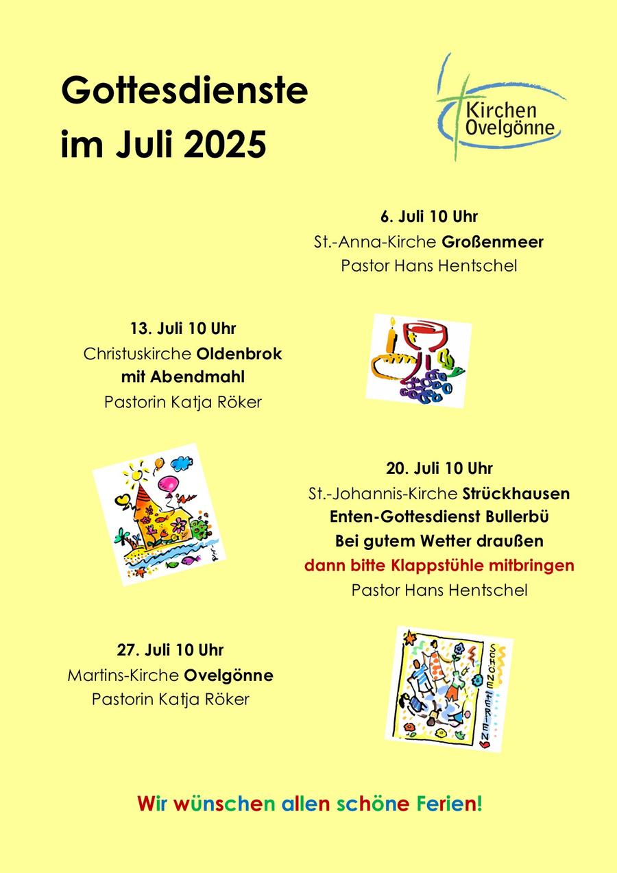 Auf diesem Bild sind die Gottesdienste für Juli zu sehen, Sie können diese unter dem Reiter "Gottesdienste" einsehen.