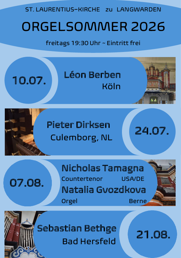 Zu sehen sind die Termine des Orgelsommer Langwarden, Sie finden diese Termine auch im Kalender-Modul.