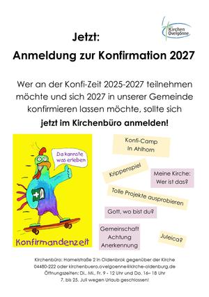 Zu sehen ist die Werbung zur Anmeldung für die Konfirmation 2027.