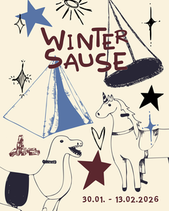 Zu sehen ist die Werbegrafik für den Indoorspielplatz "Wintersause. Mit einer Nestschaukel, im rechten oberen Bereich. Links ein Zelt, rechts zusätzlich ein Einhorn und Links ein weiteres Tier.