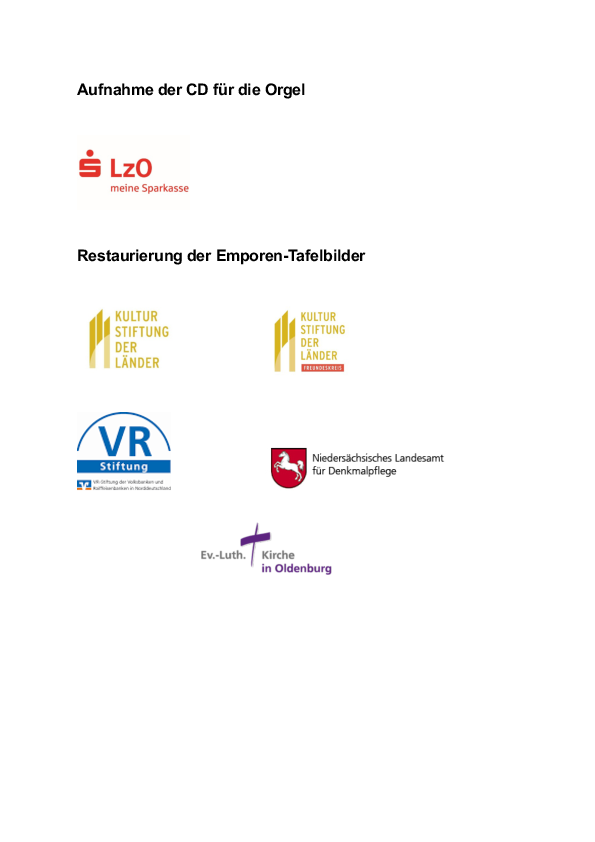 Zu sehen sind die Logos der Förderer der Aufnahme der CD für die Orgel sowie Restaurierung der Emporen-Tafelbilder.