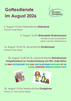 Zu sehen ist die Gottesdienst-Übersicht für August, Sie finden die Gottesdienste auch unter dem Reiter "Termine und Veranstaltungen" sowie unter dem Reiter "Gottesdienste"