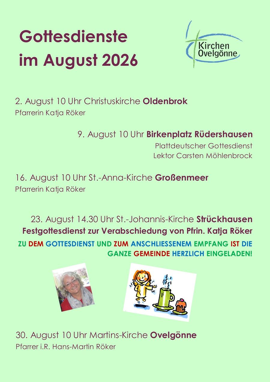 Zu sehen ist die Gottesdienst-Übersicht für August, Sie finden die Gottesdienste auch unter dem Reiter "Termine und Veranstaltungen" sowie unter dem Reiter "Gottesdienste"