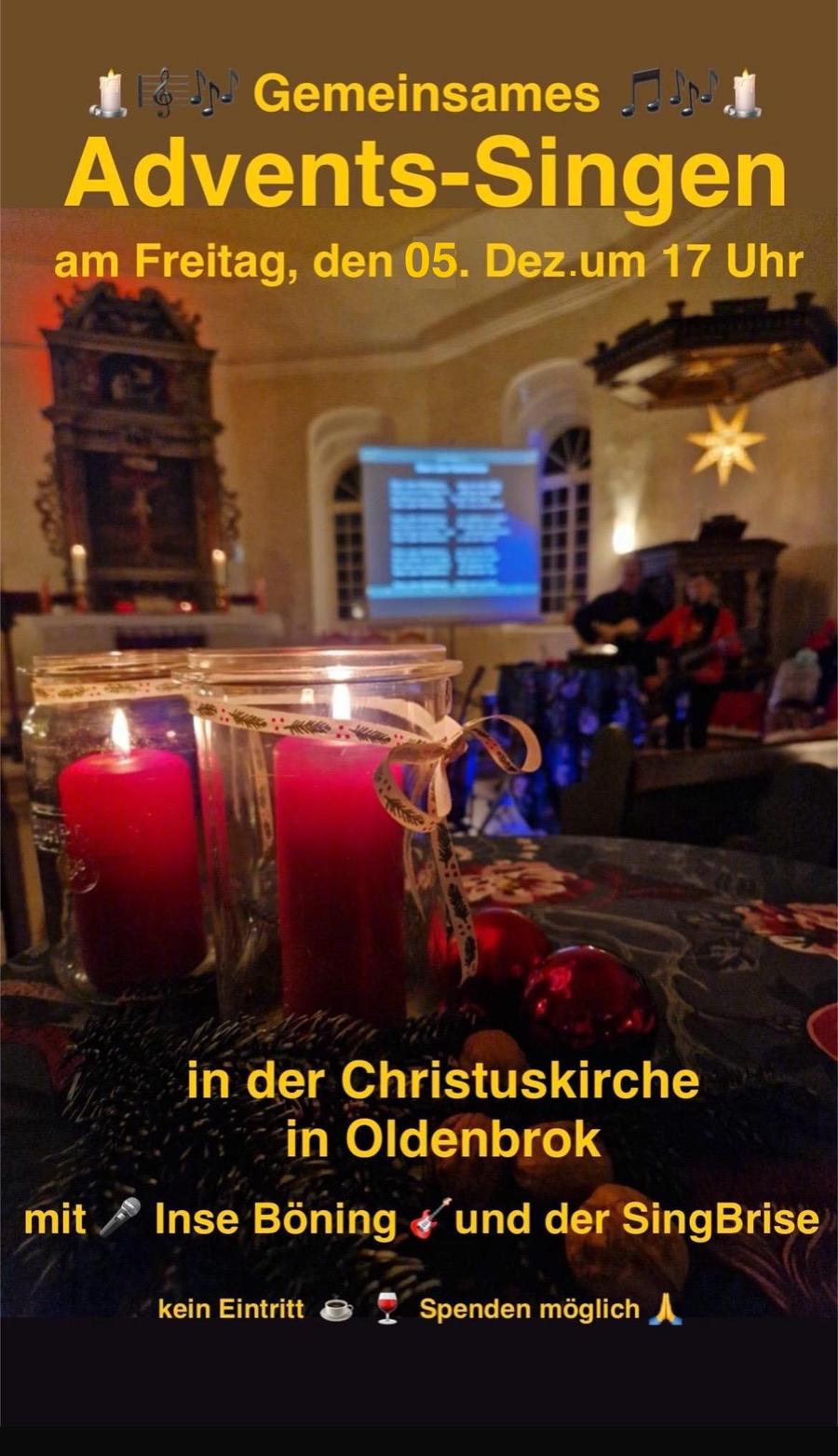 Zu sehen ist die Einladung zum gemeinsamen Advents-Singen am 05. Dezember, um 17 Uhr in der Christuskirche Oldenbrok