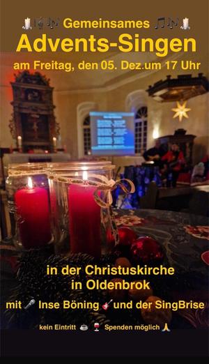 Zu sehen ist die Einladung zum gemeinsamen Advents-Singen am 05. Dezember, um 17 Uhr in der Christuskirche Oldenbrok