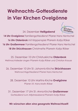 Dies ist eine Übersicht über die Gottesdienste an Heilig Abend und Weihnachten, Sie finden diese Gottesdienste alle auch unter den Reitern "Gottesdienste" sowie "Termine".