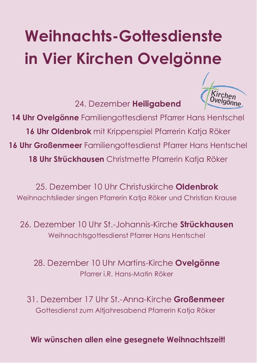 Dies ist eine Übersicht über die Gottesdienste an Heilig Abend und Weihnachten, Sie finden diese Gottesdienste alle auch unter den Reitern "Gottesdienste" sowie "Termine".