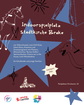 Zu sehen ist eine Werbegrafik für den Indoorspielplatz "Wintersause" mit einigen Möglichkeiten was man dort machen kann, zum Beispiel Tellerschaukel, Lese-Chill Ecke, Silent Disco, Kreatives und vieles mehr.