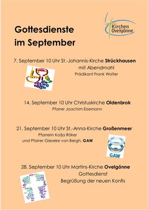 Zu sehen sind die Gottesdienste im September, Sie können diese auch unter den Reiter "Termine und Veranstaltungen" und "Gottesdienste" einsehen.
