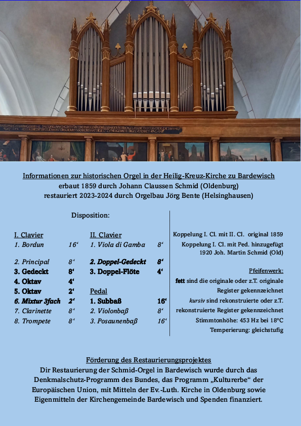 Zu sehen sind Informationen zur Schmid Orgel, wie das Hauptwerk etc.