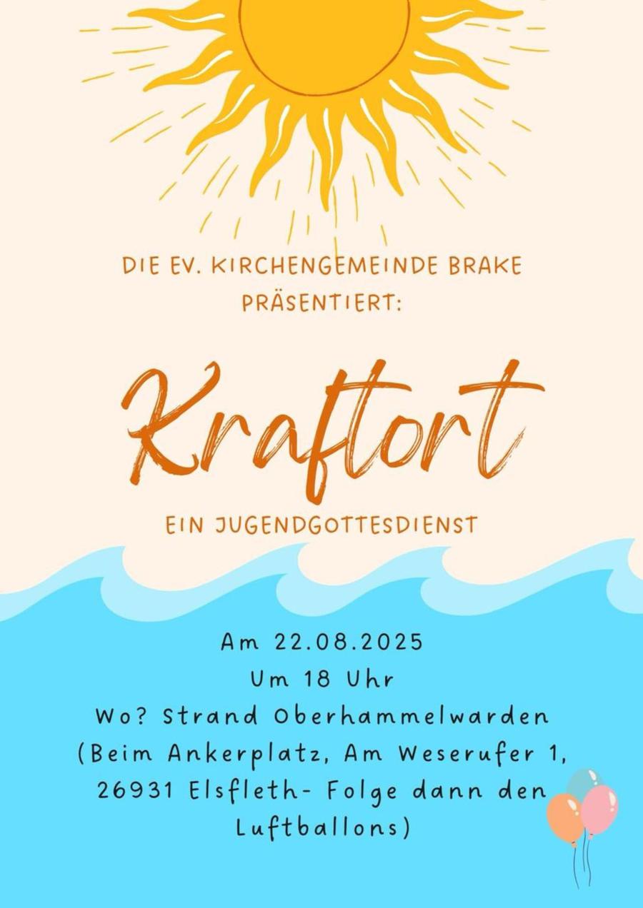 Zu sehen ist eine Sonne udn Wellen, mit den Informationen zum Jugendgottesdienstes mit dem Titel "Kraftvoll" am 22.08., 18 Uhr am Strand Oberhammelwarden.