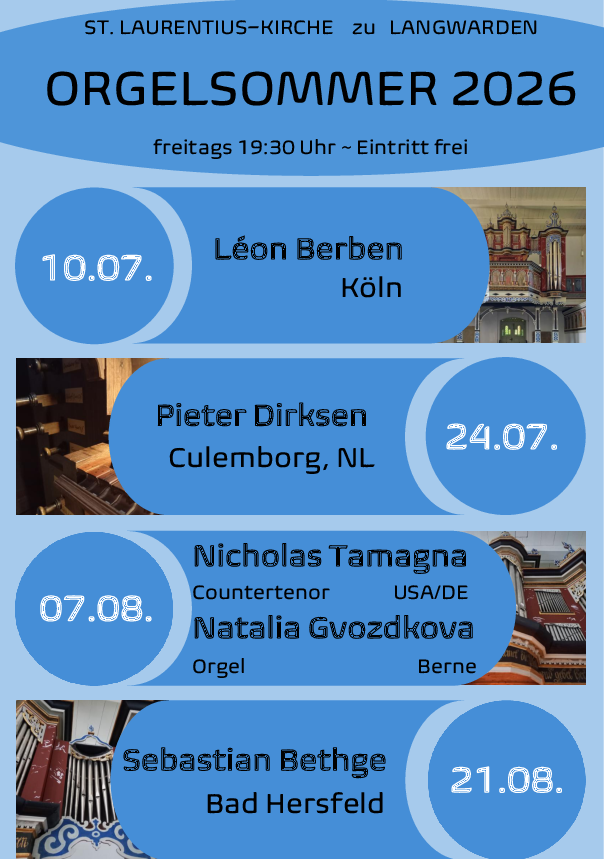 Zu sehen sind die Termine für den Orgelsommer Langwarden 2026, Sie finden die Termine auch in Textform auf dieser Seite.