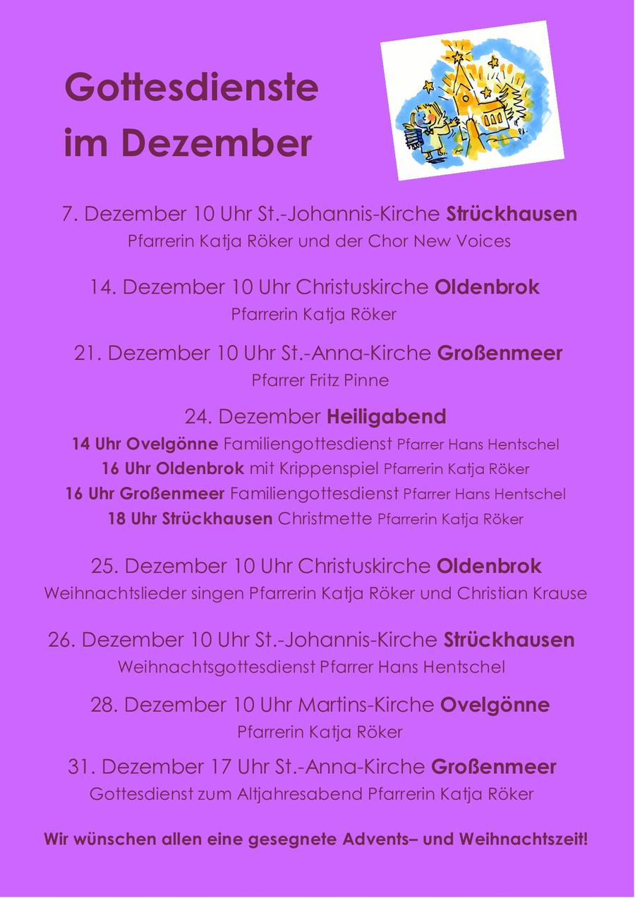 Zu sehen ist eine Übersicht über die Gottesdienste im Dezember, Sie können diese auch den Reitern "Gottesdienste" sowie "Termine" entnehmen.