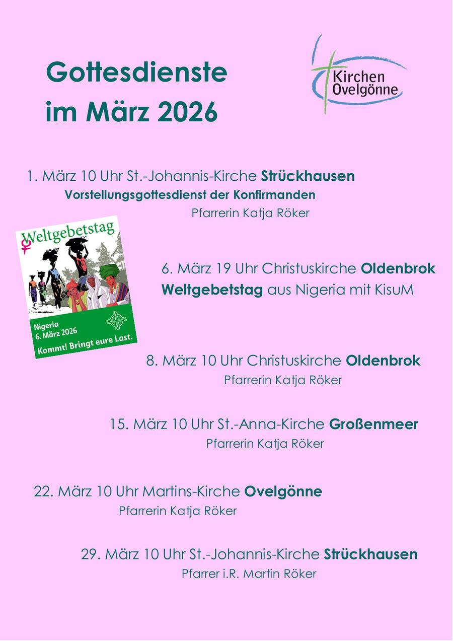 Hier sind die Gottedienste für März 2026 aufgezählt. Sie finden diese Angaben alle im Reiter "Gottesidenste" sowie dem Reiter "Termine und Veranstaltungen".