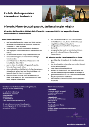 Zu sehen ist die Ausschreibung der Pfarrstelle für die Gemeinden Altenesch und Bardewisch in Lemwerder, diese steht auch als Download zur Verfügung.