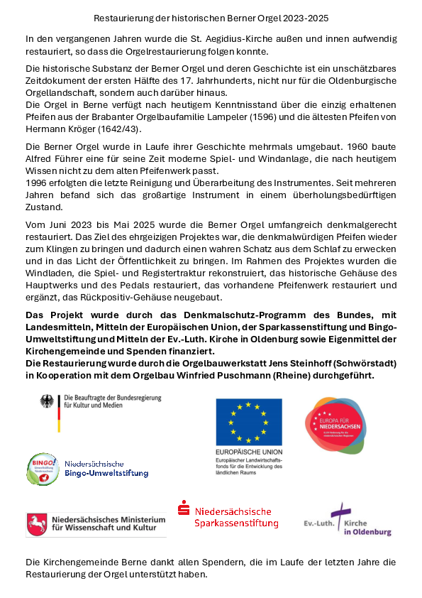 Zu lesen sind Informationen zur Restaurierung der Berner Orgel.