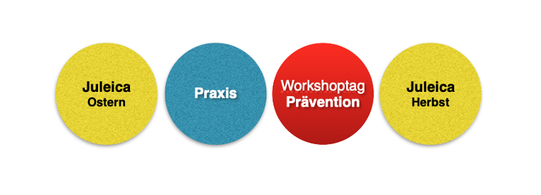 Zu sehen ist ein Piktogramm zur Erklärung des Ablaufs der Juleica-Ausbildung des Kreisjugenddienstes Wesermarsch.