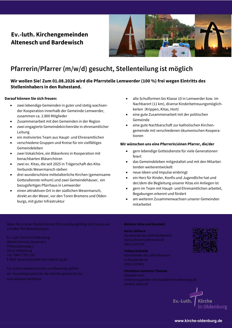 Zu sehen ist die Ausschreibung der Pfarrstelle Lemwerder.