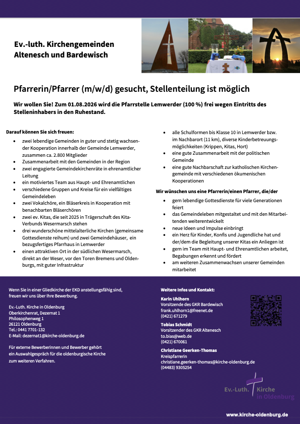 Zu sehen ist die Ausschreibung der Pfarrstelle für die Gemeinden Altenesch und Bardewisch in Lemwerder, diese steht auch als Download zur Verfügung.