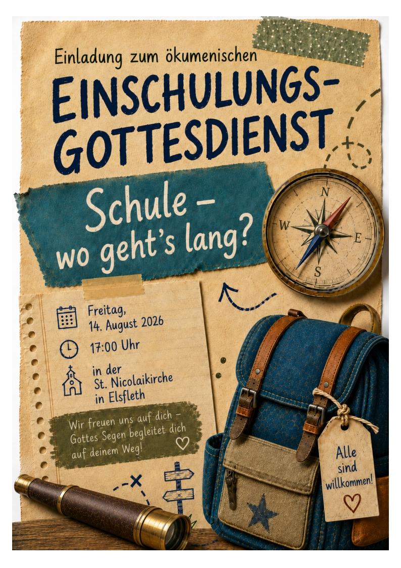 Dies ist die Einladung zum ökumenischen Einschulungsgottesdienst am 14.08., Sie finden diese auch unter dem Reiter "Termine und Veranstaltungen".