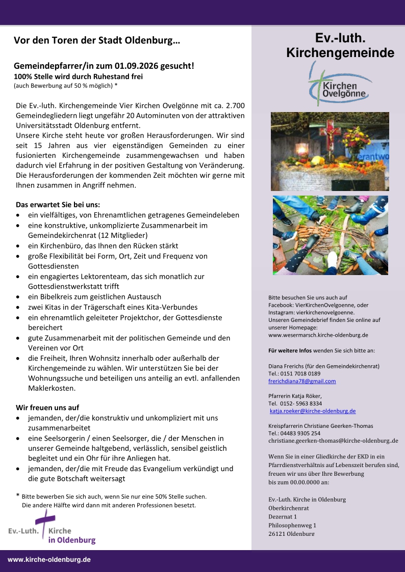 Zu sehen ist die Ausschreibung für die Pfarrstelle der Kirchengemeinde Vier Kirchen Ovelgönne.
